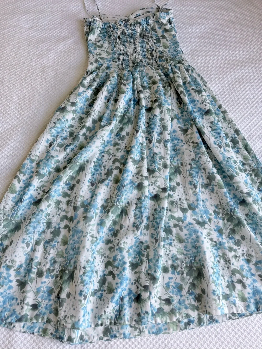 NWT ASTR the Label Capria Pleated Milkmaid Midi Dress, Blue Green floral | Small